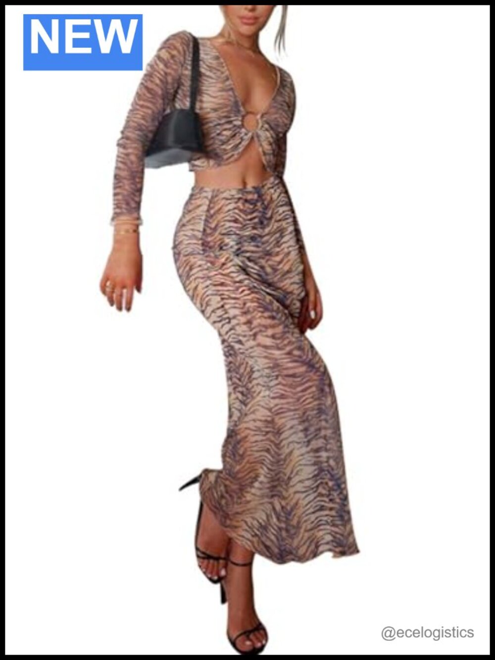 Sexy 2 Piece Outfit Tiger Print Crop Top & Maxi Skirt Set